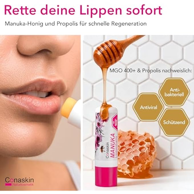 rayihni MANUKA LIP CARE (MGO400) INTENSIVE CARE FOR DRYNESS & INFECTIONS (E.G. HERPES) 4.6 G NATURAL COSMETICS DAILY USE & REPAIR BEESWAX & PROPOLIS - Image 2